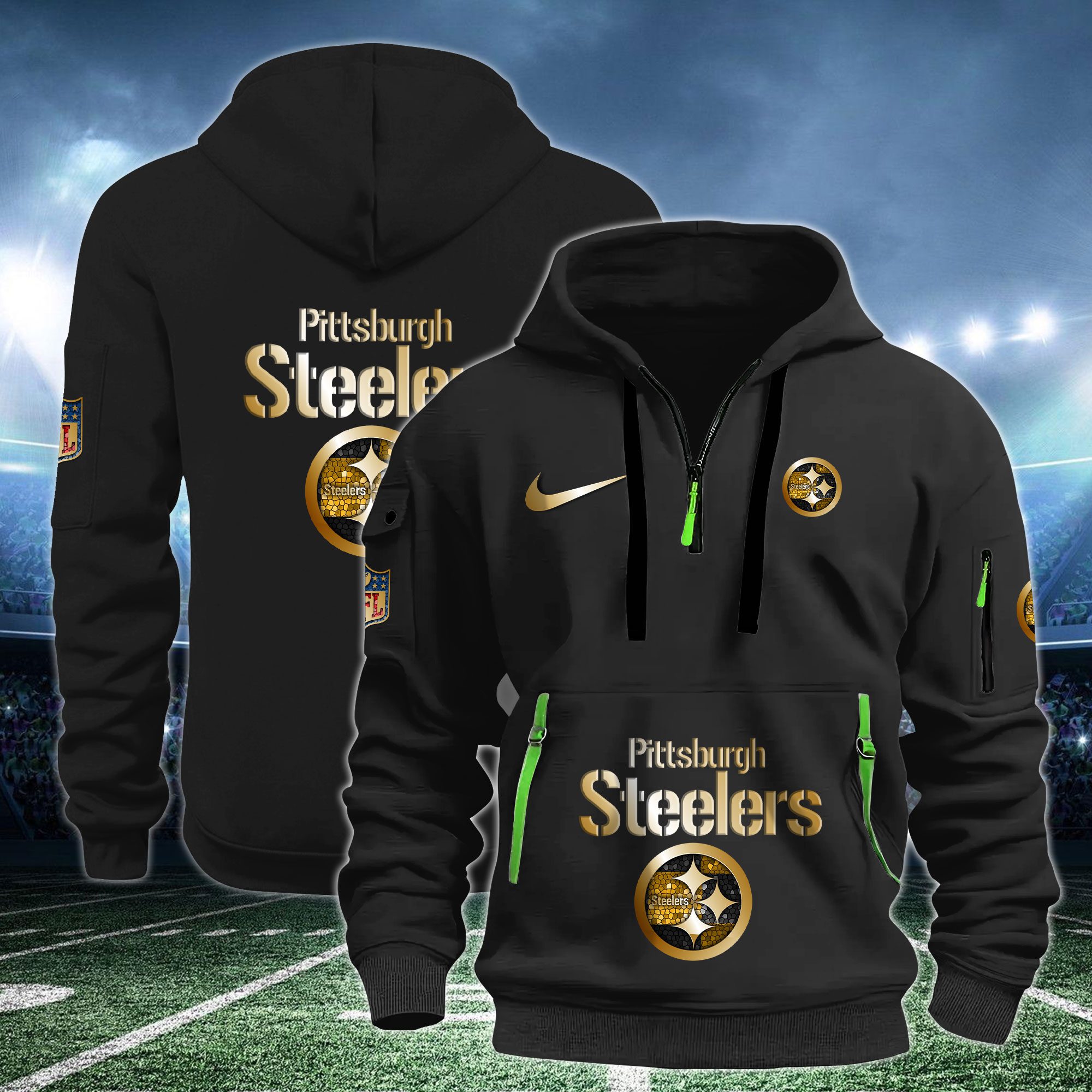Pittsburgh Steelers Nfl Swoosh Metal Logo Quarter Hoodie Zip