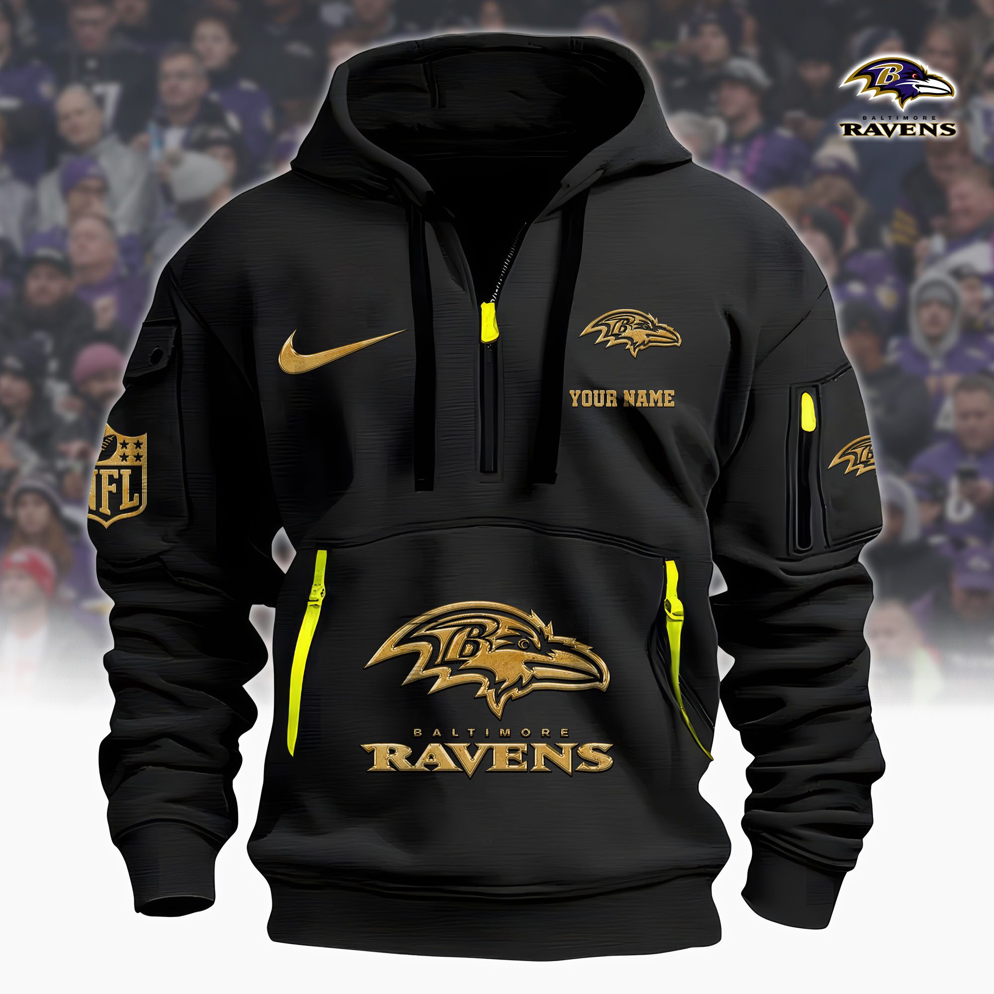 Baltimore Ravens Nfl Custom Your Name Metal Logo Quarter Hoodie Zip
