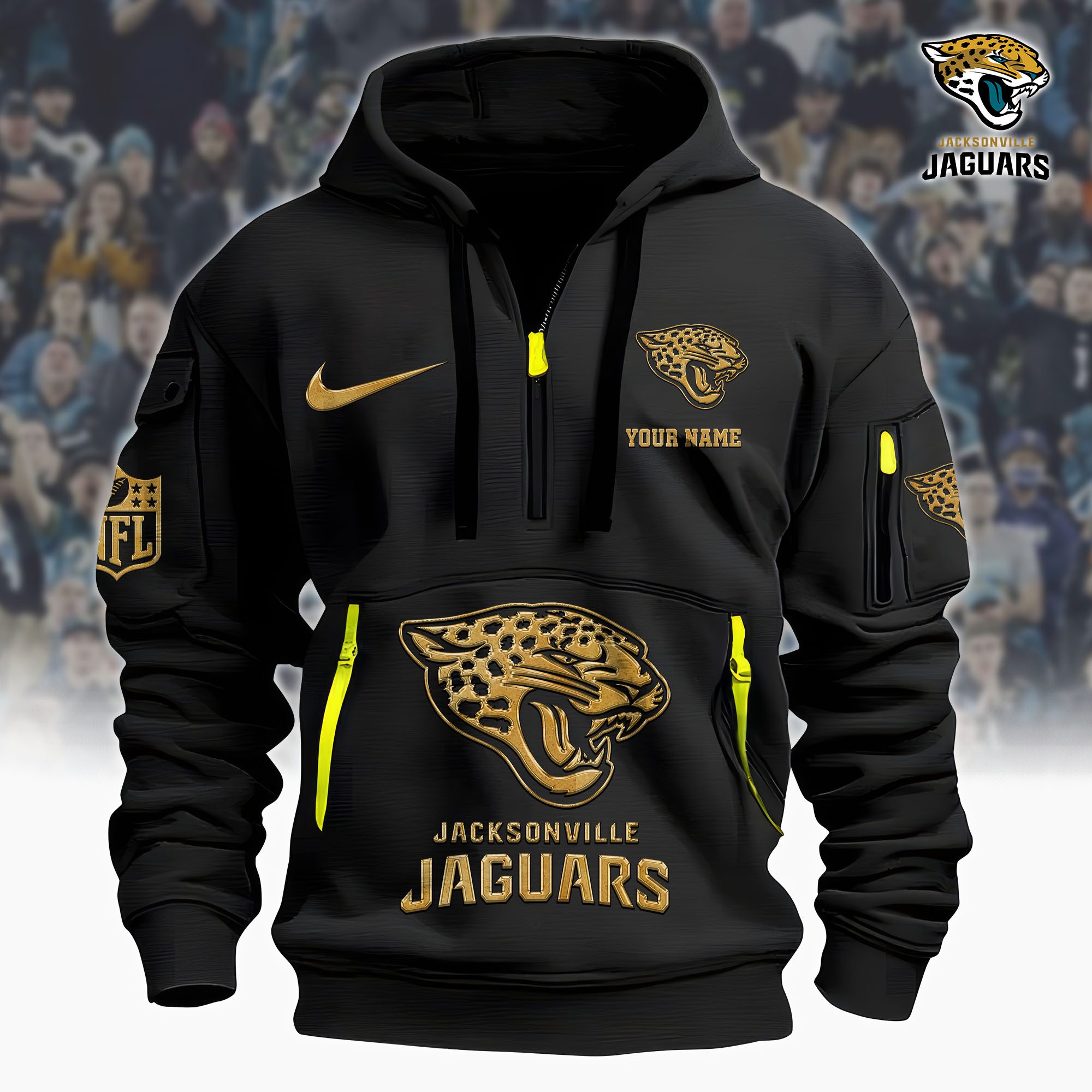 Jacksonville Jaguars Nfl Custom Your Name Metal Logo Quarter Hoodie Zip