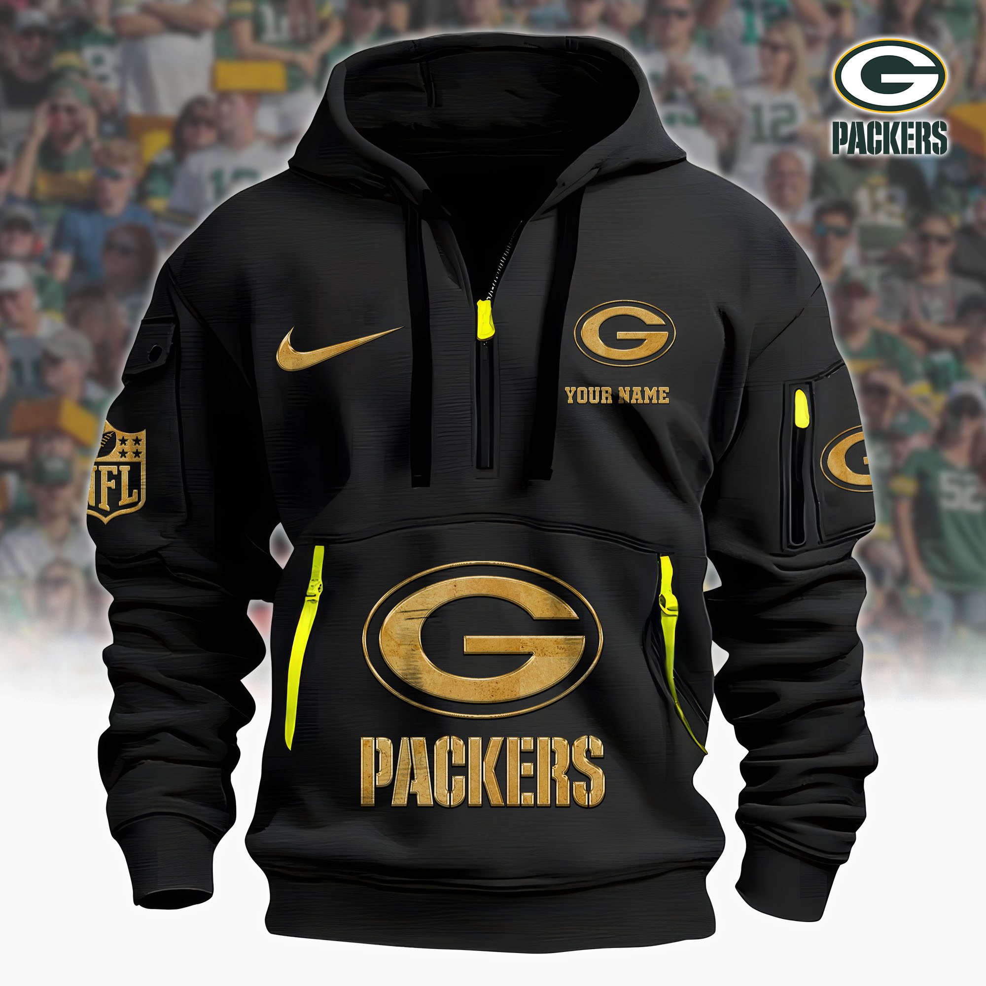 Green Bay Packers Nfl Custom Your Name Metal Logo Quarter Hoodie Zip