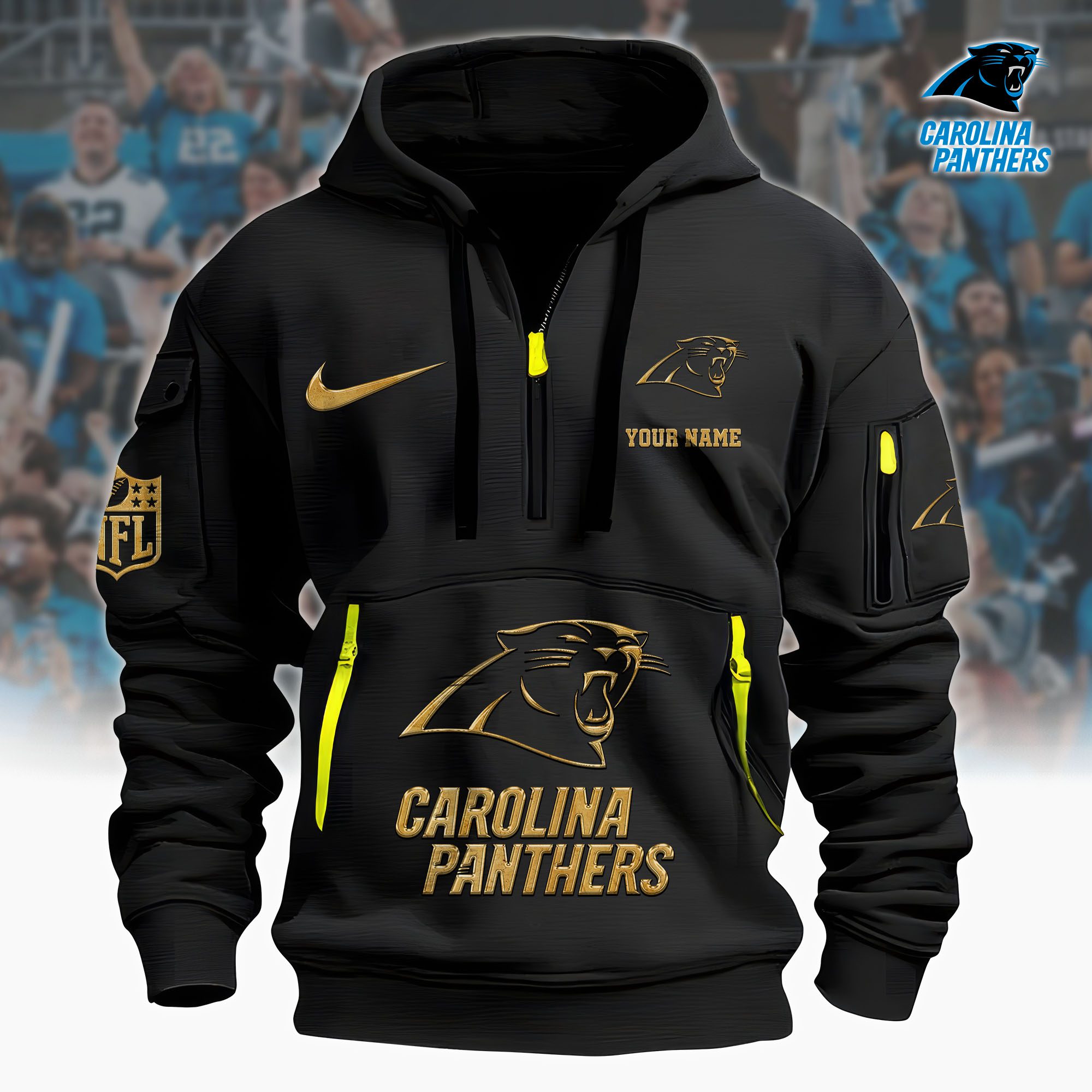 Carolina Panthers Nfl Custom Your Name Metal Logo Quarter Hoodie Zip