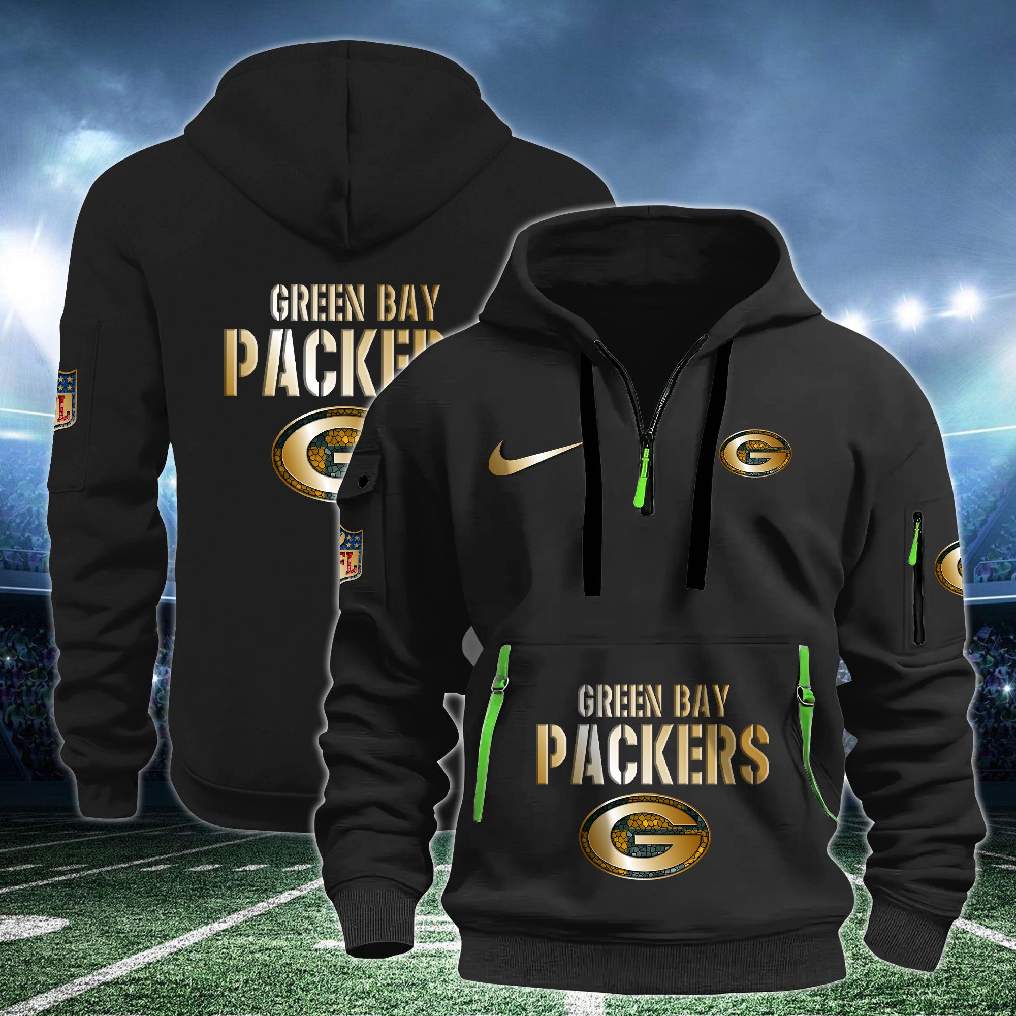 Green Bay Packers Nfl Swoosh Metal Logo Quarter Hoodie Zip