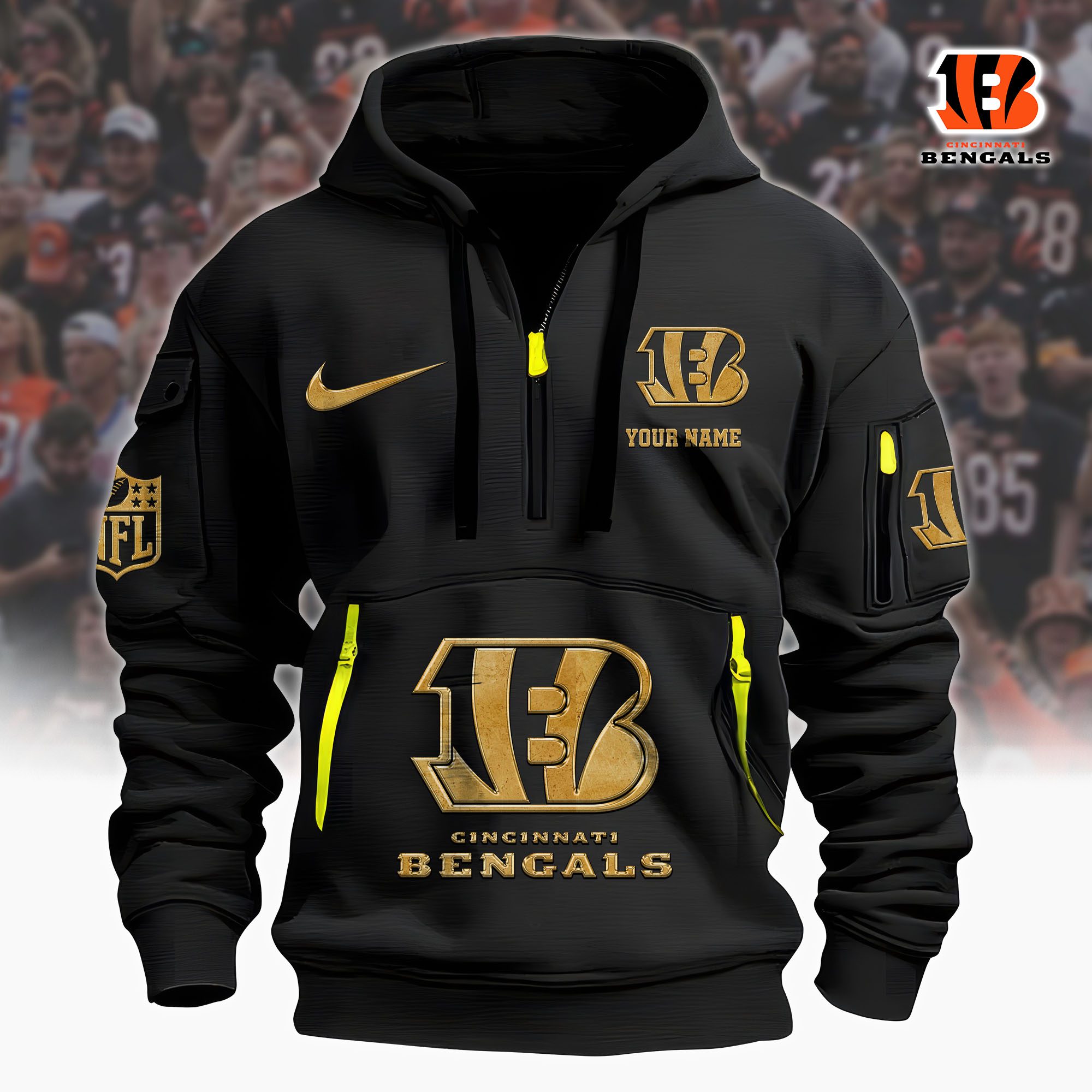 Cincinnati Bengals Nfl Custom Your Name Metal Logo Quarter Hoodie Zip