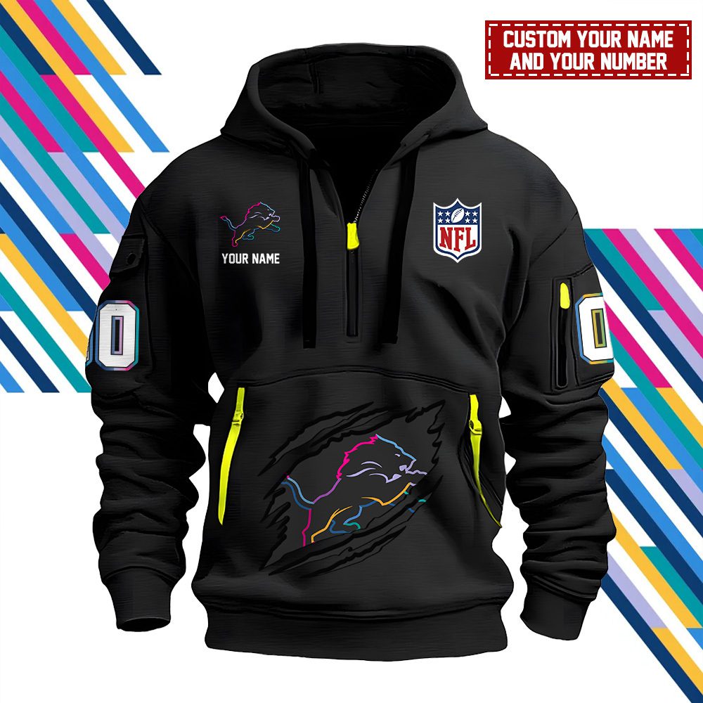 Detroit Lions Personalized Nfl Crucial Catch Intercept Cancer Quarter Zip Hoodie