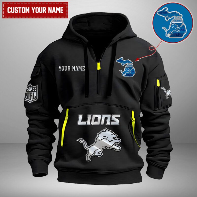 Detroit Lions Nfl Personalized State Logo Quarter Zip Hoodie