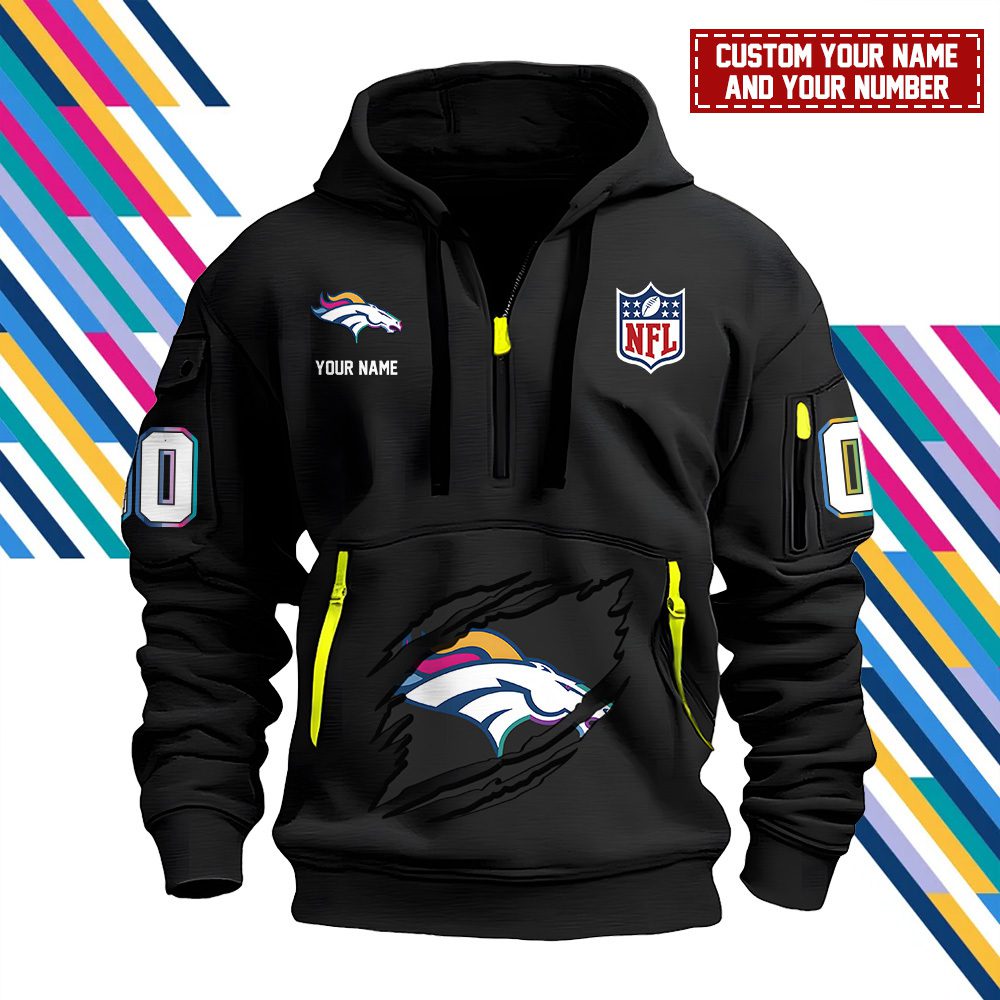 Denver Broncos Personalized Nfl Crucial Catch Intercept Cancer Quarter Zip Hoodie