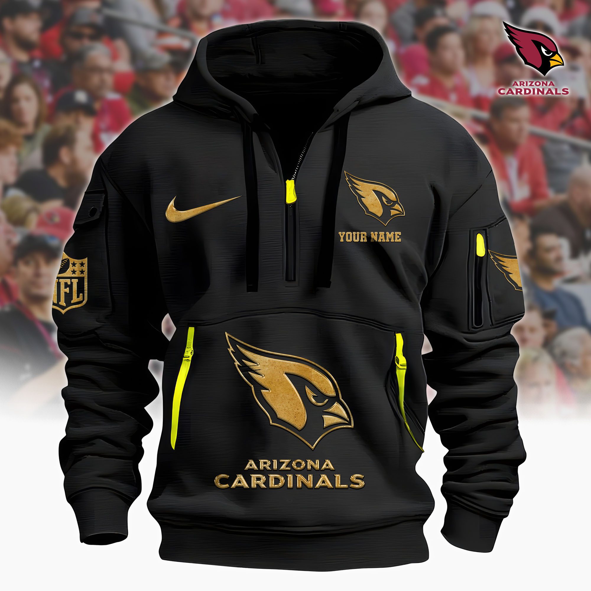 Arizona Cardinals Nfl Custom Your Name Metal Logo Quarter Hoodie Zip