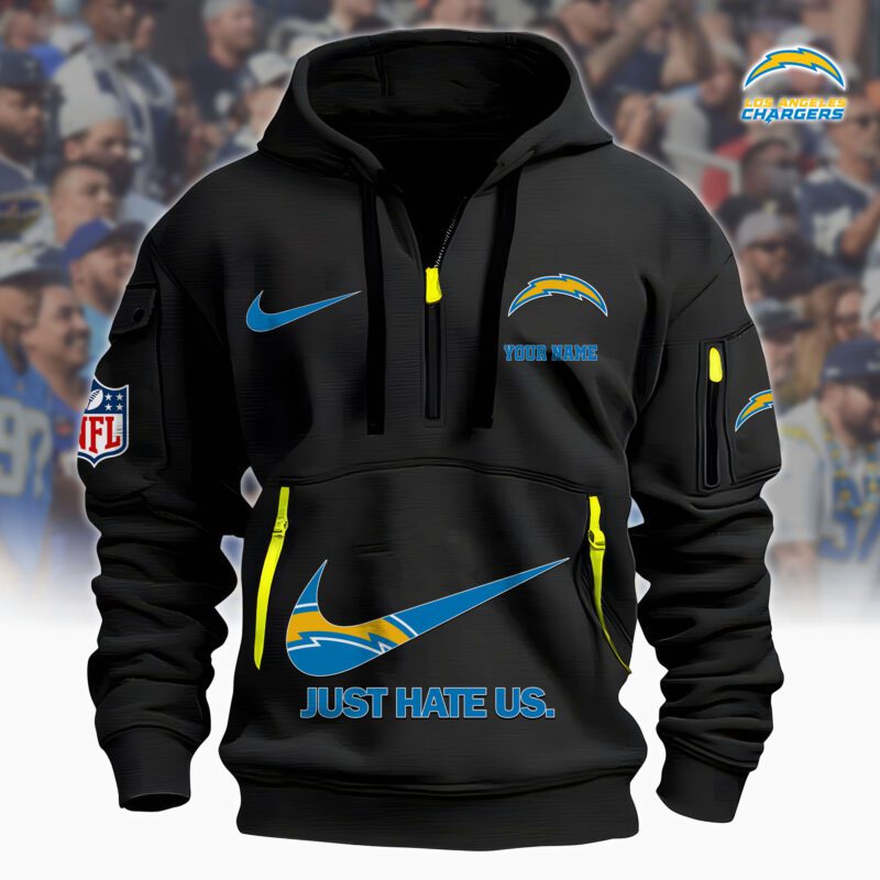 Los Angeles Chargers Nfl Personalized Just Hate Us Quarter Zip Hoodie
