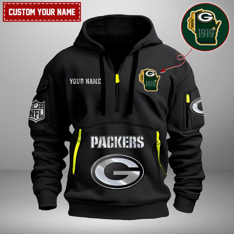 Green Bay Packers Nfl Personalized State Logo Quarter Zip Hoodie