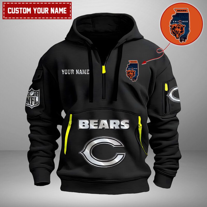 Chicago Bears Nfl Personalized State Logo Quarter Zip Hoodie