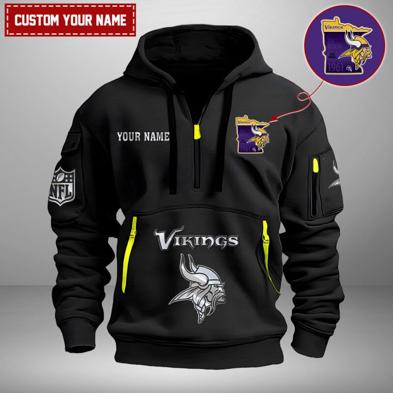 Minnesota Vikings Nfl Personalized State Logo Quarter Zip Hoodie
