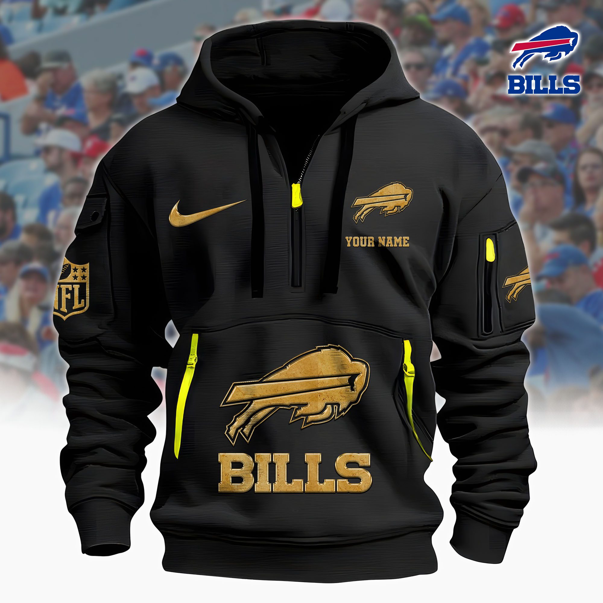 Buffalo Bills Nfl Custom Your Name Metal Logo Quarter Hoodie Zip