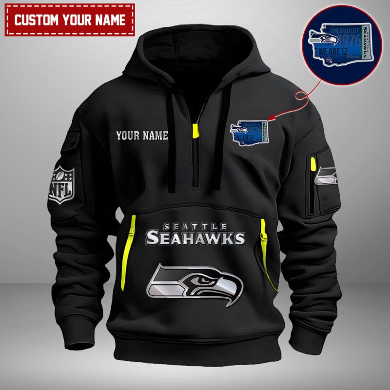 Seattle Seahawks Nfl Personalized State Logo Quarter Zip Hoodie