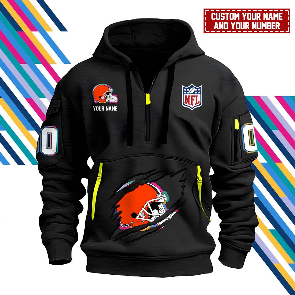 Cleveland Browns Personalized Nfl Crucial Catch Intercept Cancer Quarter Zip Hoodie