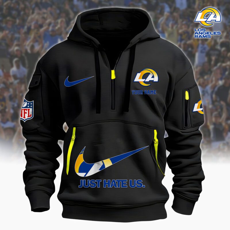 Los Angeles Rams Nfl Personalized Just Hate Us Quarter Zip Hoodie