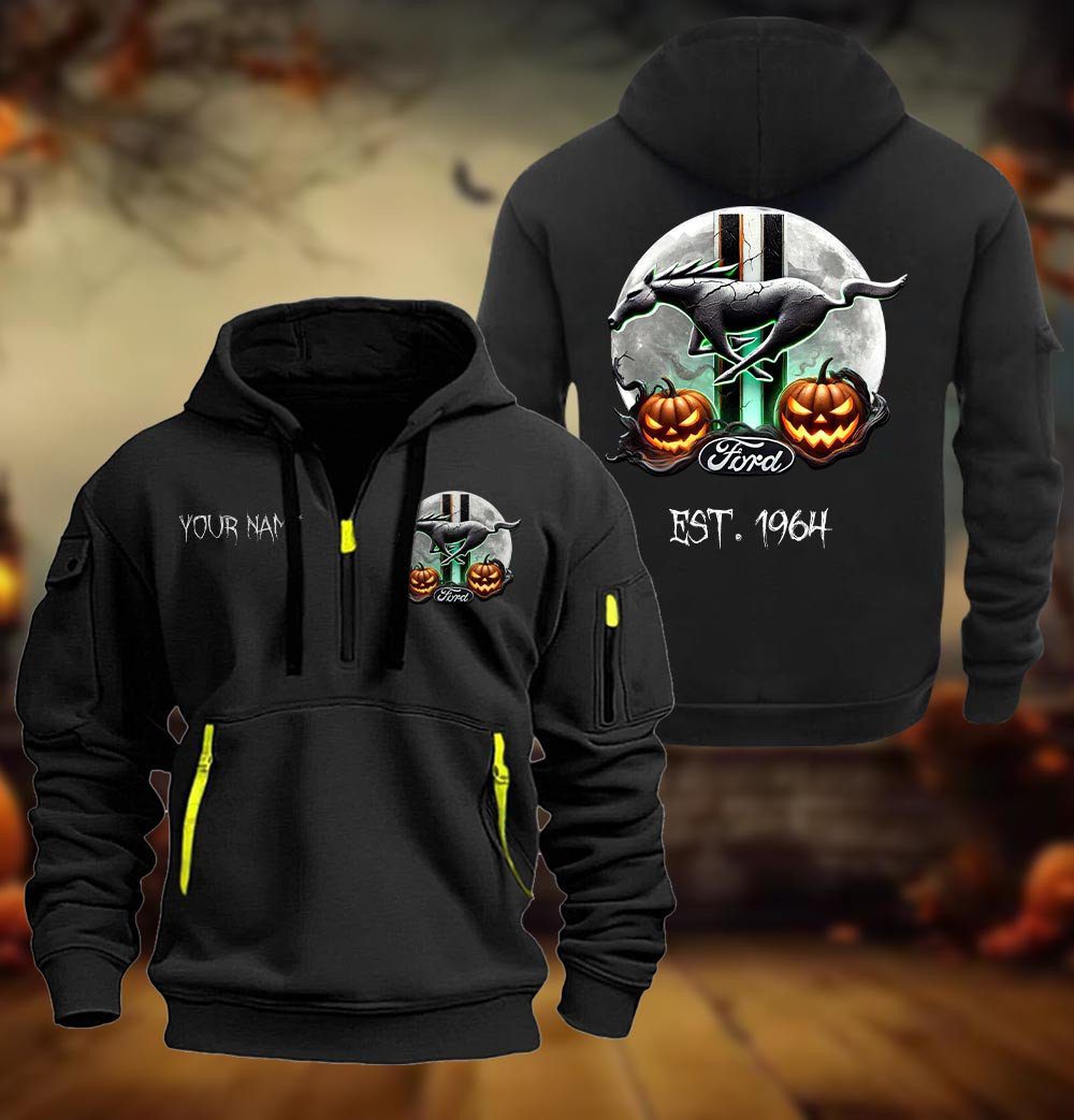 Ford-Mustang Halloween Style Spooky Season Quarter Zip Hoodie