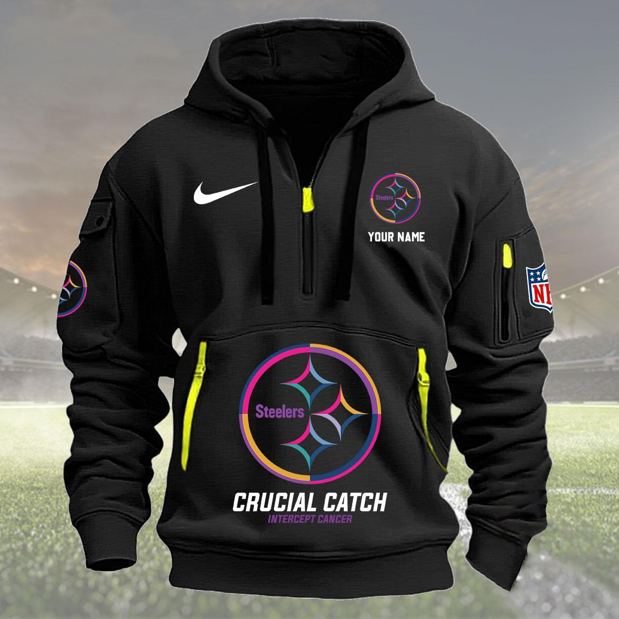 Custom Pittsburgh Steelers Quarter Zip Hoodie Nfl Crucial Catch Intercept Cancer