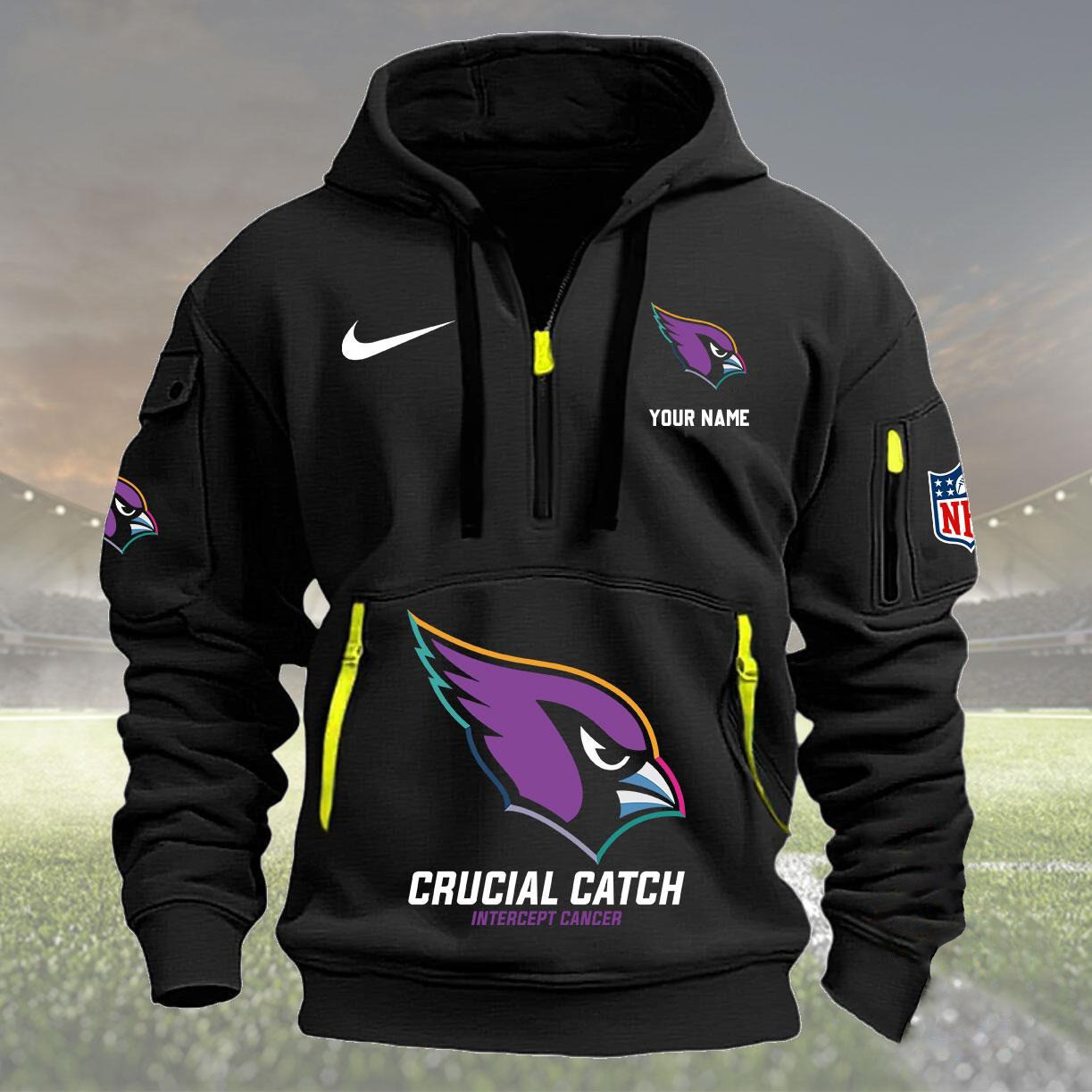 Custom Nfl Arizona Cardinals Football Quarter Zip Hoodie Crucial Catch Intercept Cancer