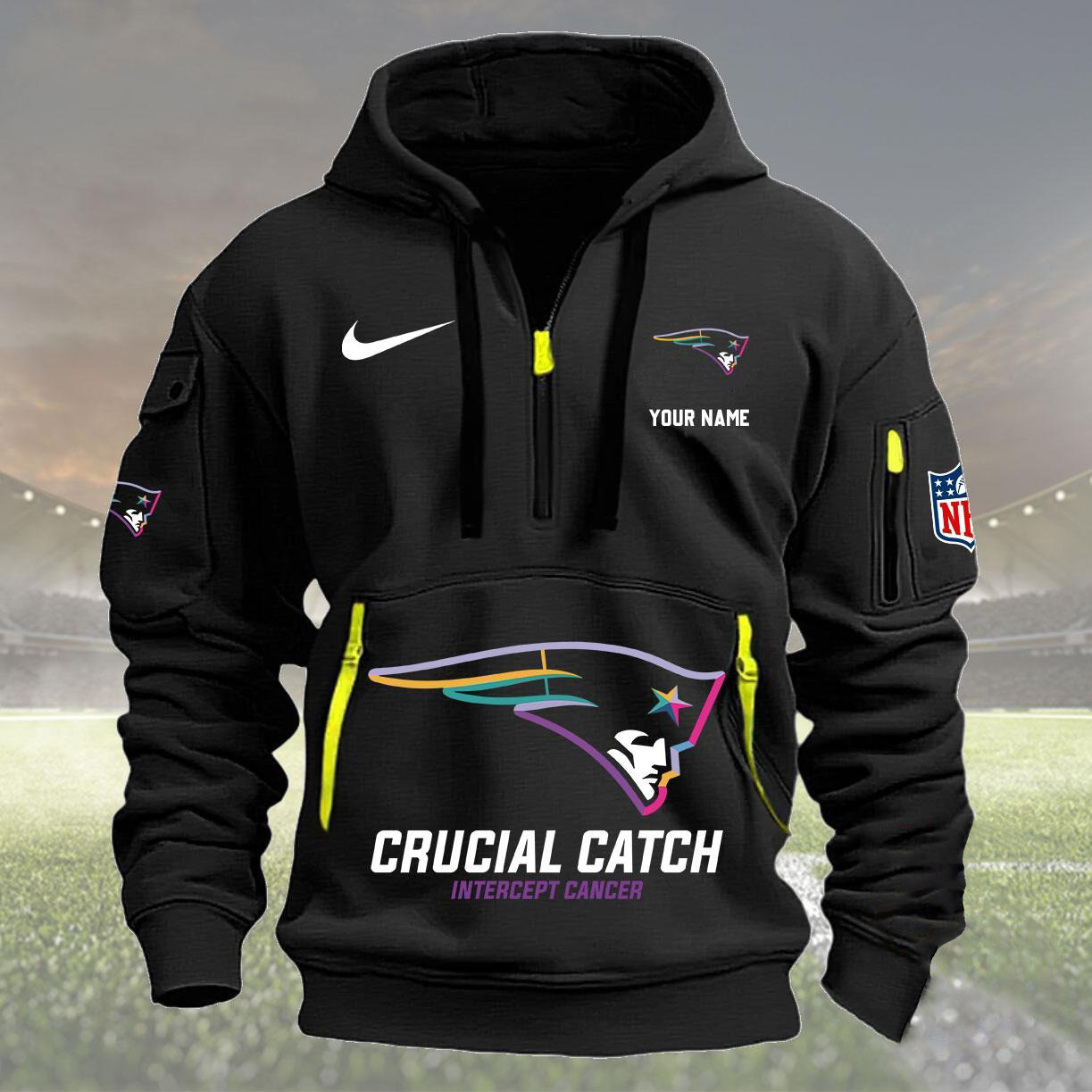 Personalized Nfl New England Patriots Quarter Zip Hoodie Crucial Catch Intercept Cancer