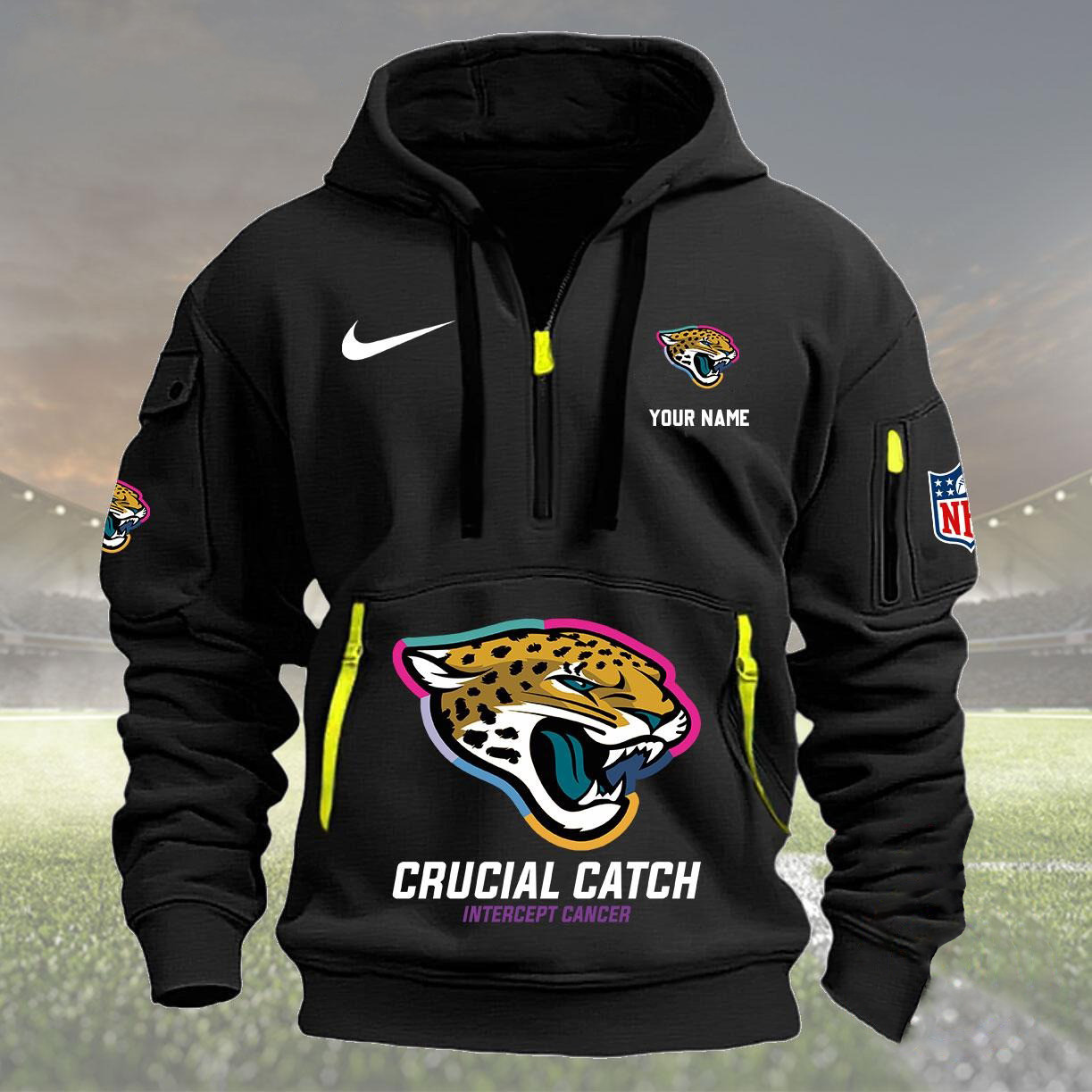 Custom Jacksonville Jaguars Quarter Zip Hoodie Nfl Crucial Catch Intercept Cancer