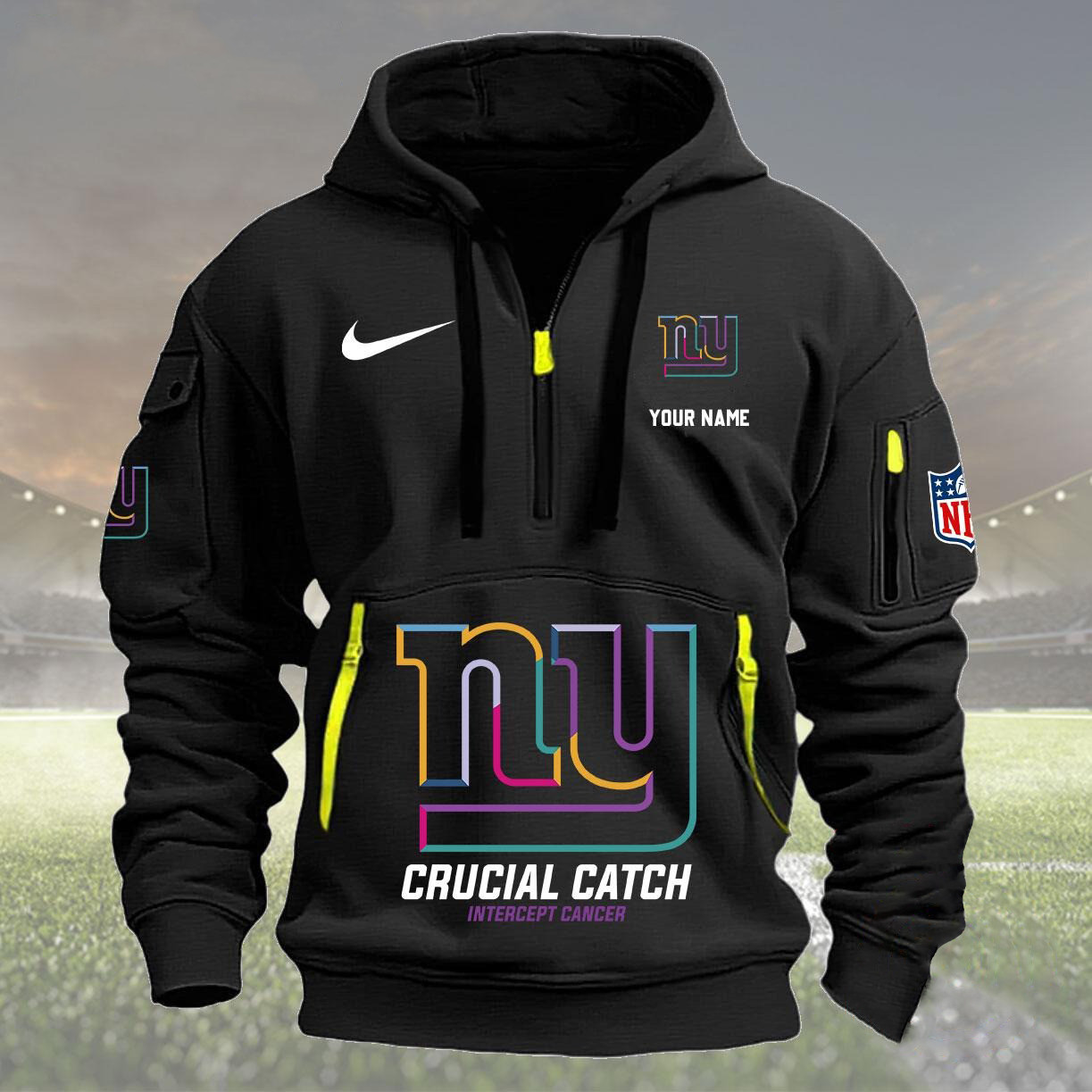 Custom Ny New York Giants Quarter Half Zip Hoodie Nfl Crucial Catch Intercept Cancer