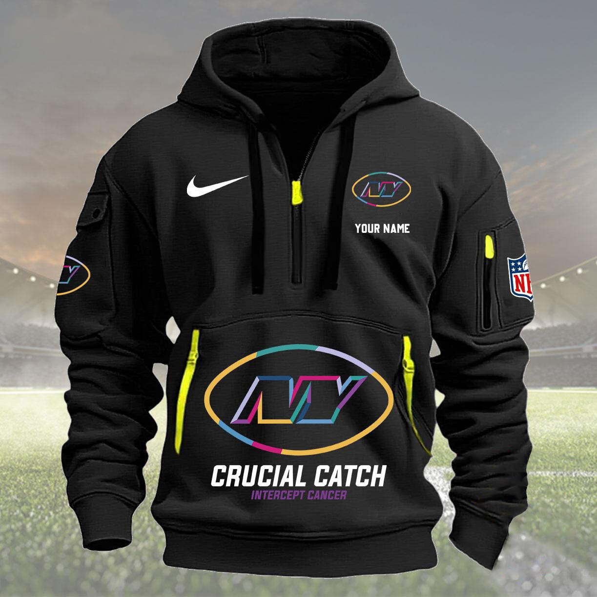 Custom Ny New York Jets Baseball Quarter Half Zip Hoodie Nfl Crucial Catch Intercept Cancer