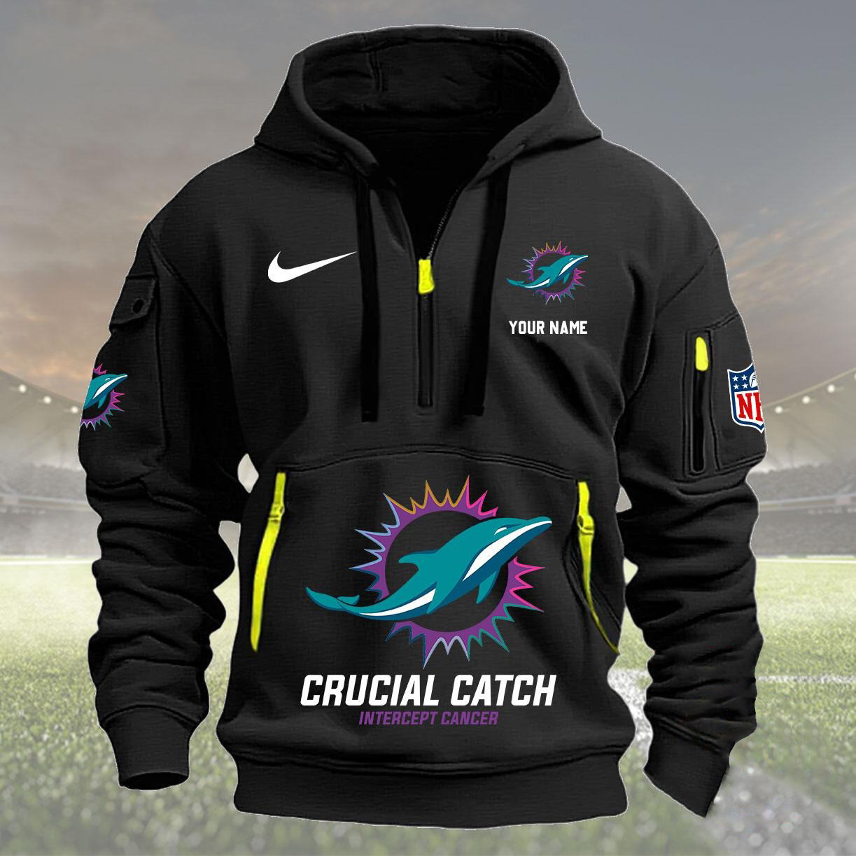 Custom Nfl Miami Dolphins Quarter Half Zip Hoodie Crucial Catch Intercept Cancer