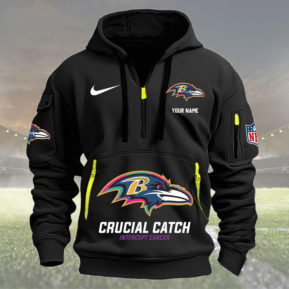 Custom Nfl Baltimore Ravens Quarter Half Zip Hoodie Crucial Catch Intercept Cancer