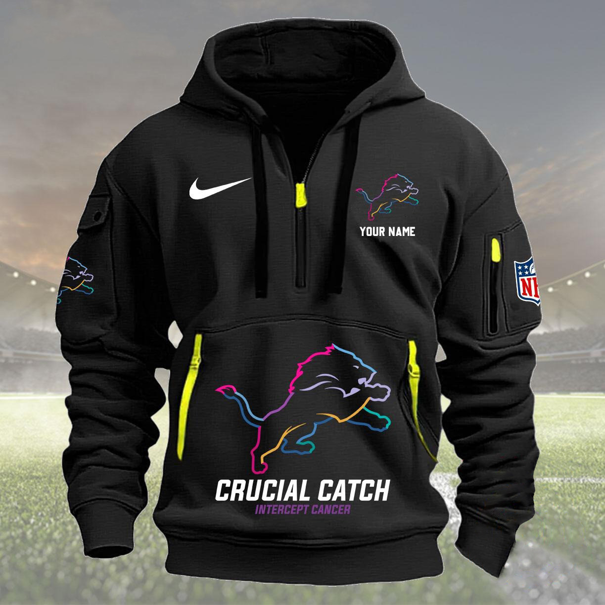 Custom Detroit Lions Football Quarter Half Zip Hoodie Nfl Crucial Catch Intercept Cancer