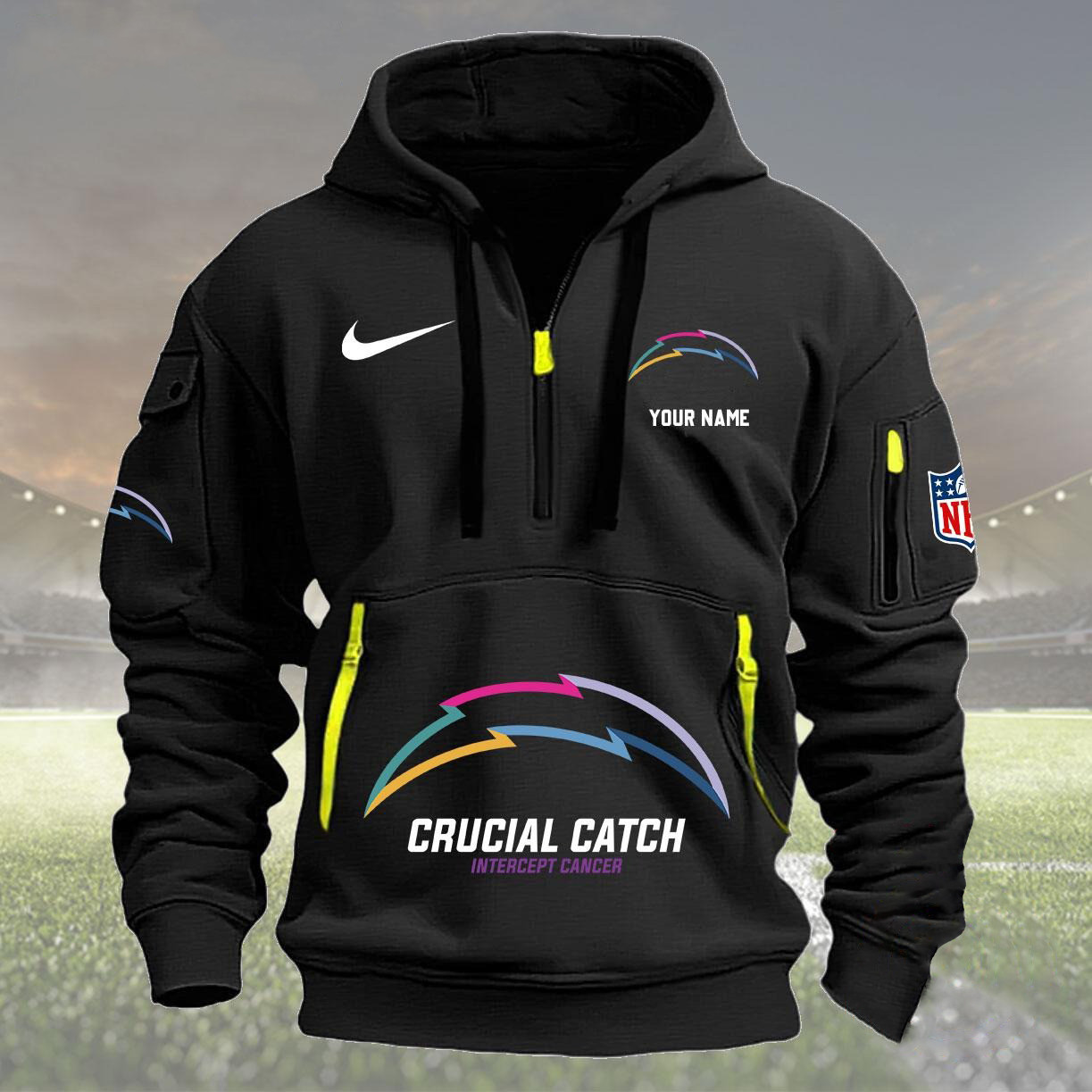 Custom Nfl Los Angeles Chargers Quarter Half Zip Hoodie Crucial Catch Intercept Cancer
