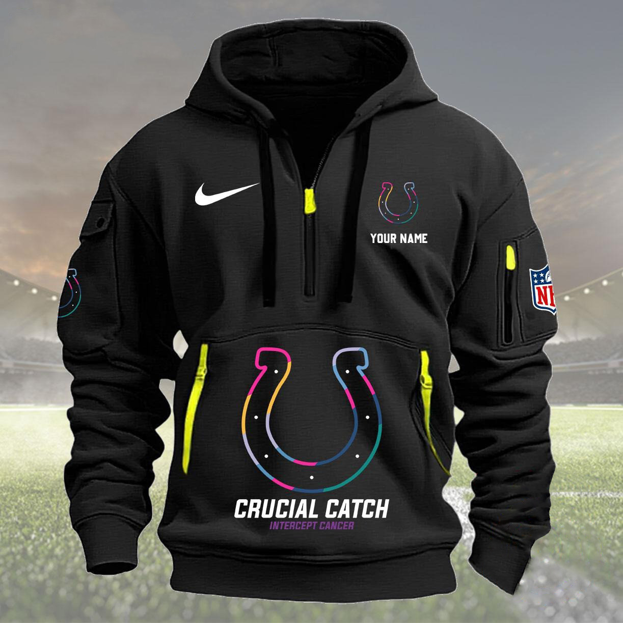 Custom Nfl Indianapolis Colts Quarter Half Zip Hoodie Crucial Catch Intercept Cancer