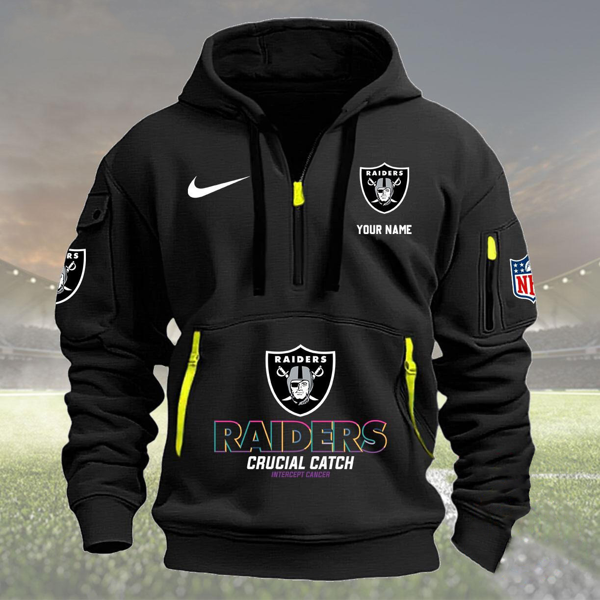 Custom Nfl Las Vegas Raiders Quarter Half Zip Hoodie Crucial Catch Intercept Cancer
