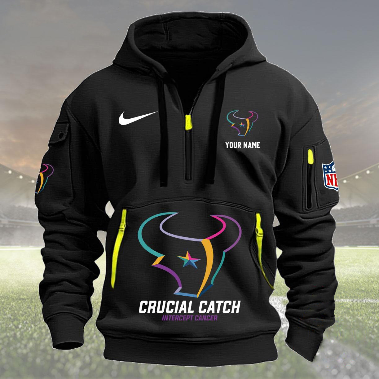 Custom Nfl Houston Texans Quarter Half Zip Hoodie Crucial Catch Intercept Cancer