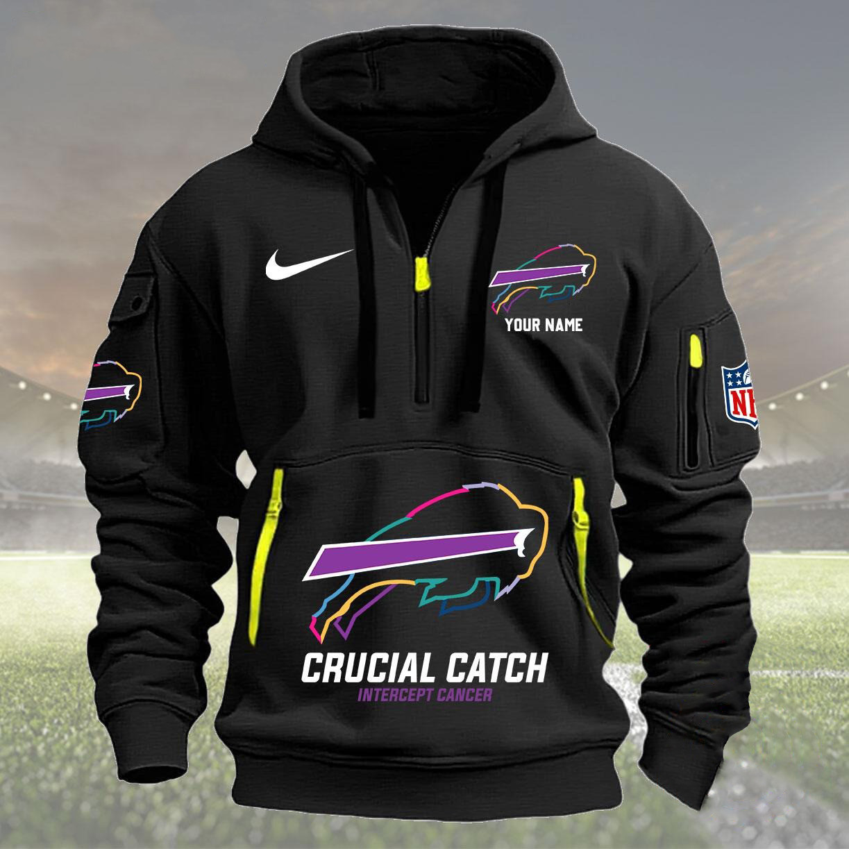 Custom Nfl Buffalo Bills Quarter Half Zip Hoodie Crucial Catch Intercept Cancer