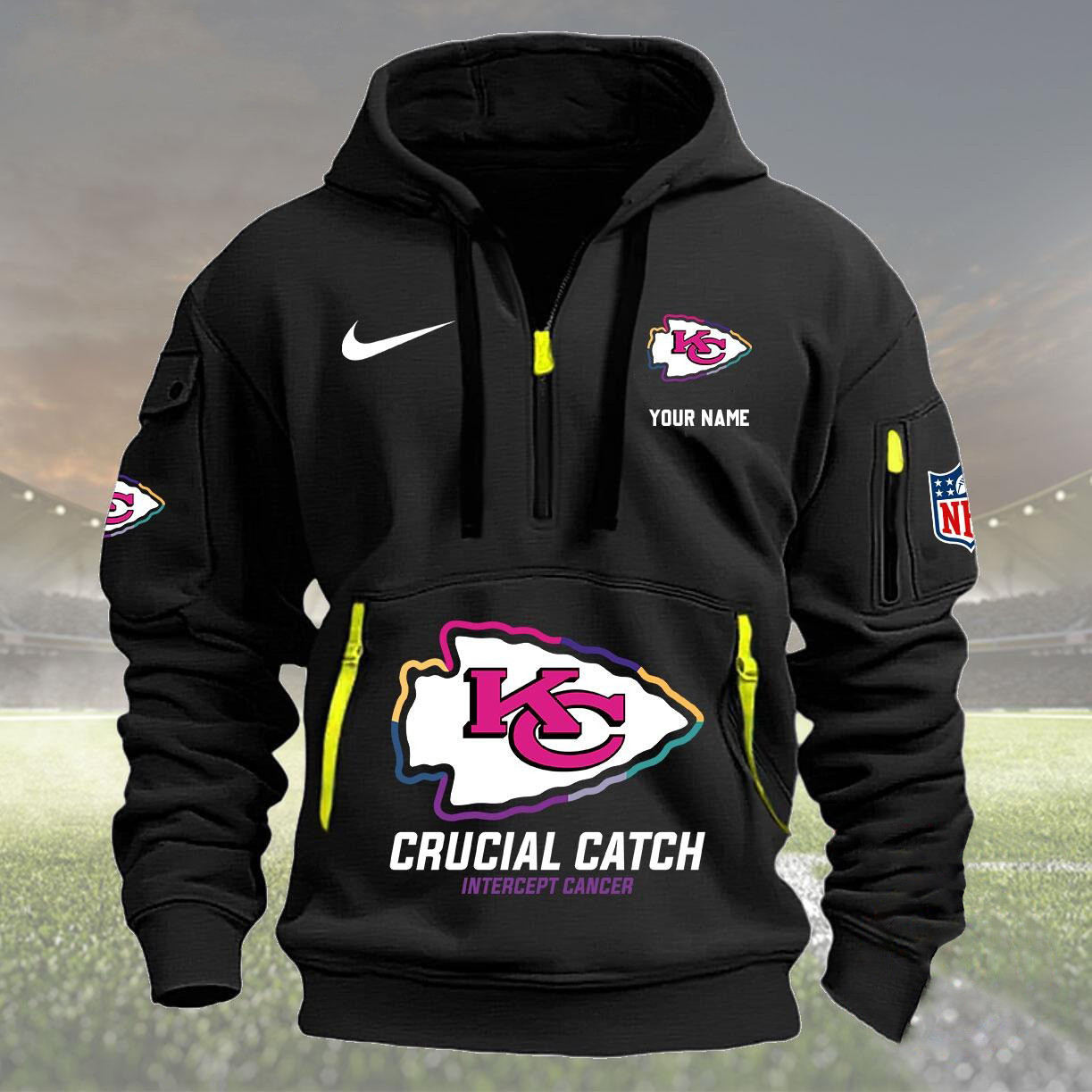 Custom Nfl Kansas City Chiefs Quarter Half Zip Hoodie Crucial Catch Intercept Cancer