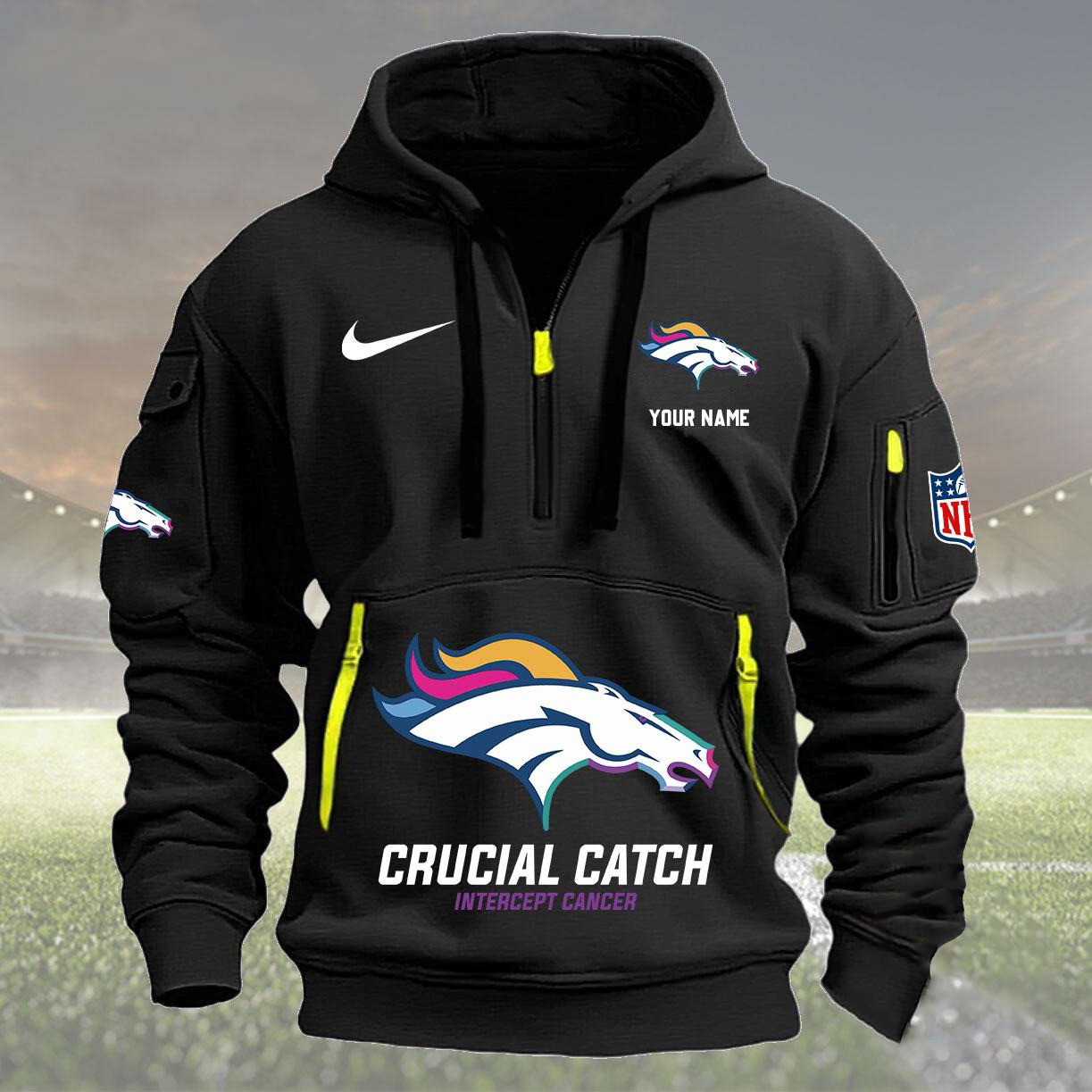 Custom Nfl Denver Broncos Quarter Half Zip Hoodie Crucial Catch Intercept Cancer