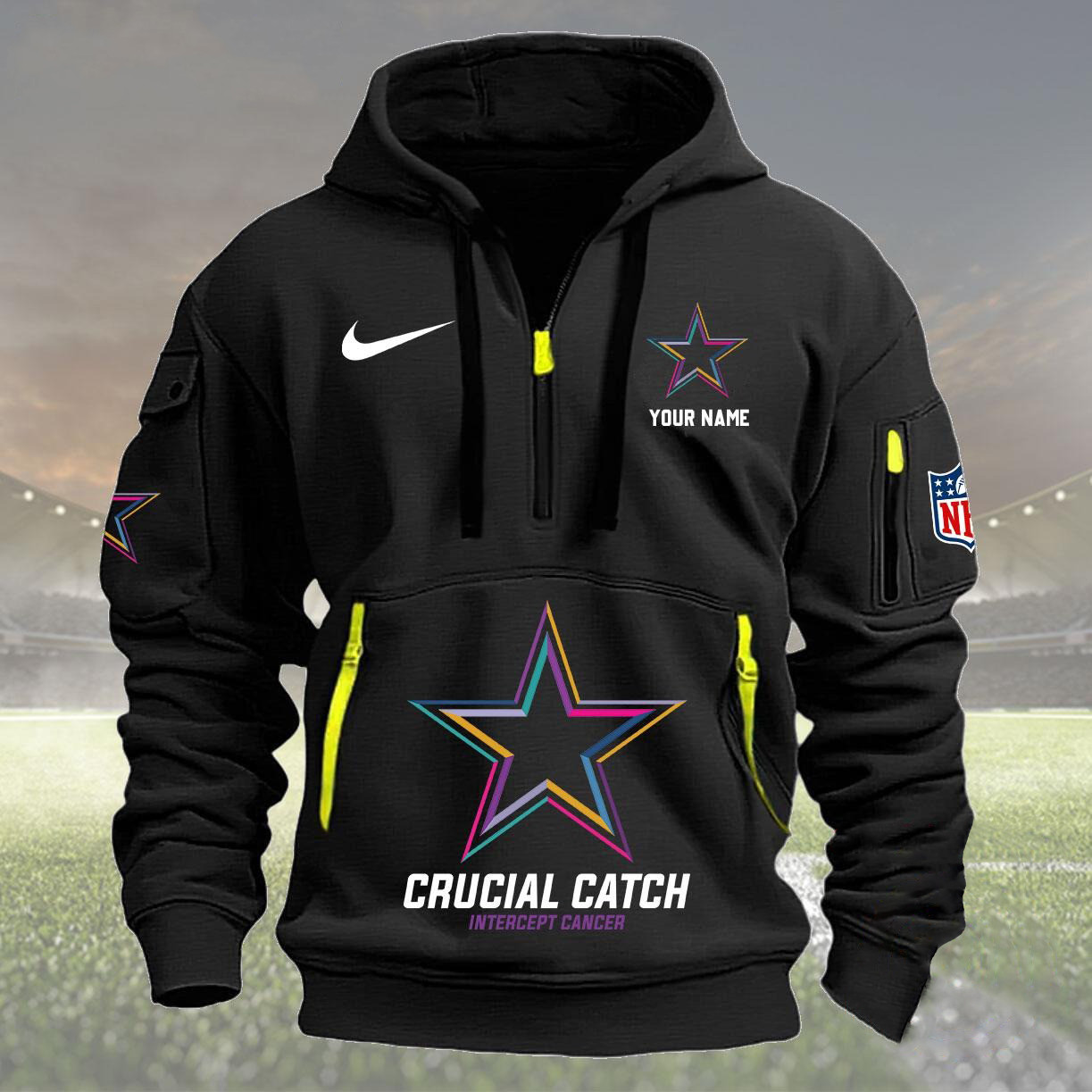 Custom Nfl Dallas Cowboys Football Quarter Half Zip Hoodie Crucial Catch Intercept Cancer