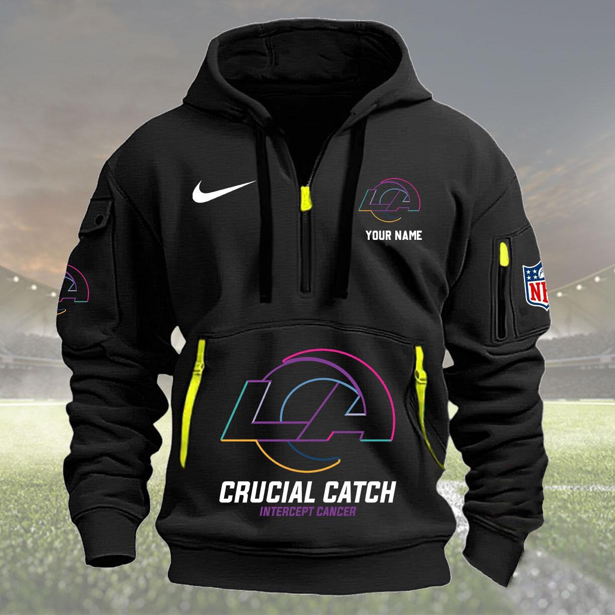 Custom Nfl Los Angeles Rams Quarter Half Zip Hoodie Crucial Catch Intercept Cancer