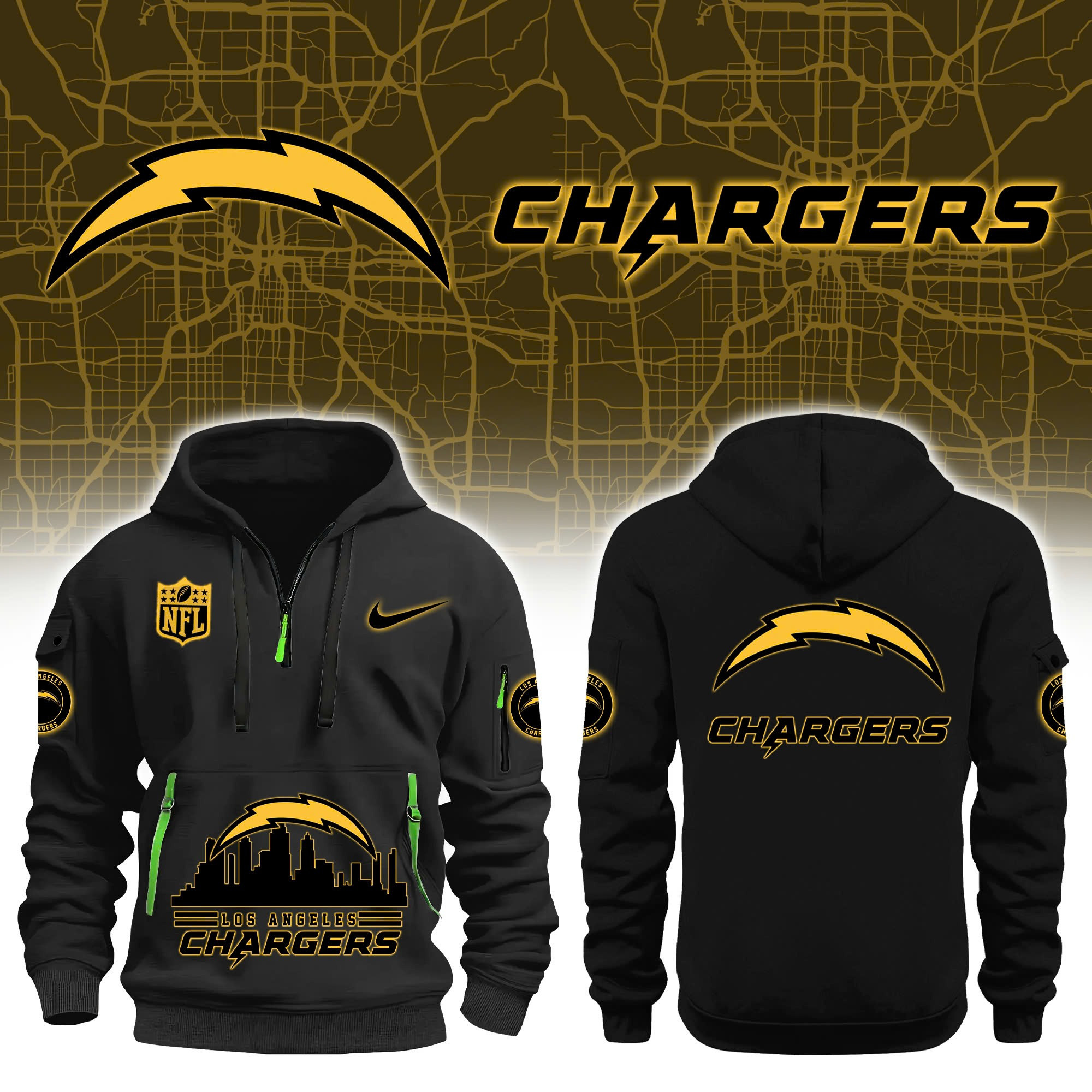Los Angeles Chargers Skyline Black Half Zip Hoodie Unique Gifts For Football Lovers