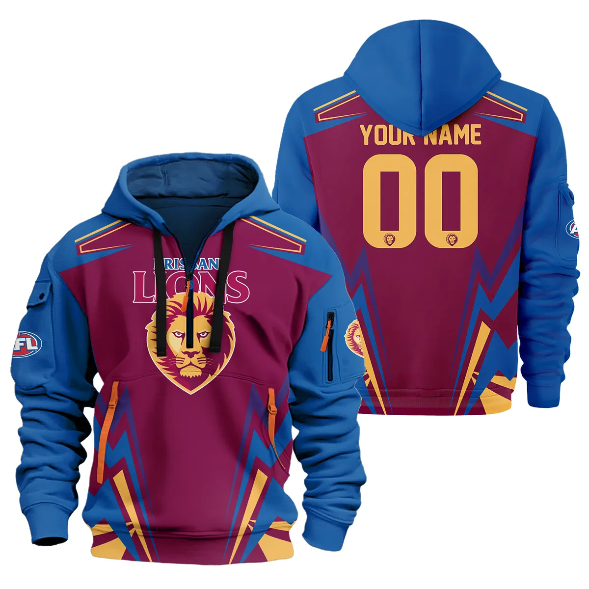 Brisbane Lions Afl Exclusive Logo Hoodie Half Zipper