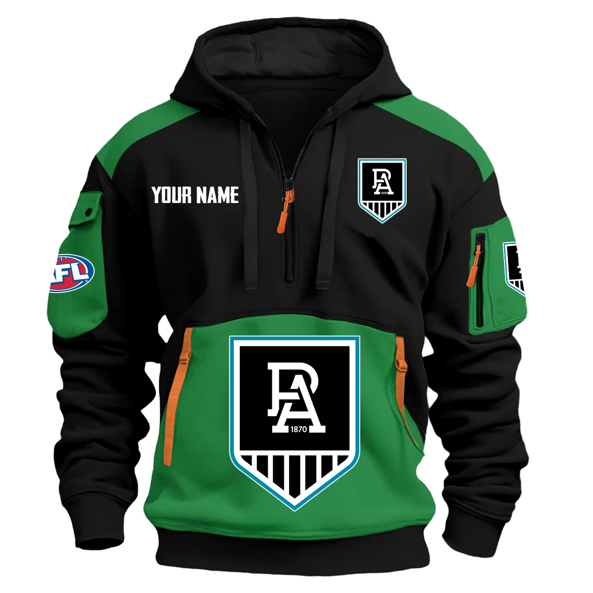 Port Adelaide Power Afl Exclusive Logo Hoodie Half Zipper Green