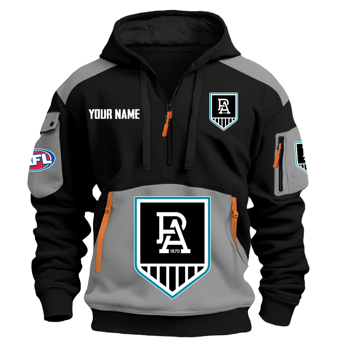 Port Adelaide Power Afl Exclusive Logo Hoodie Half Zipper Gray