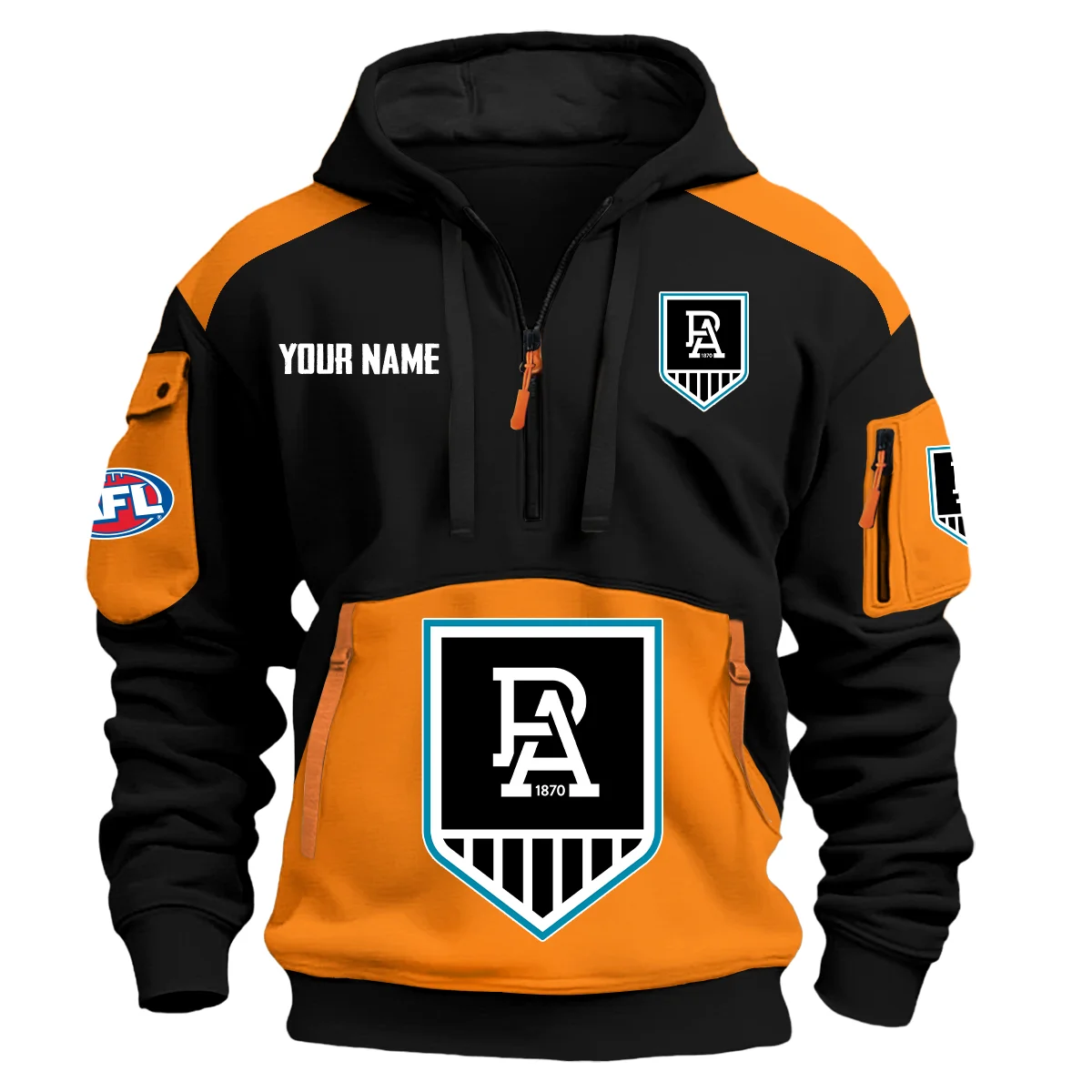 Port Adelaide Power Afl Exclusive Logo Hoodie Half Zipper Orange
