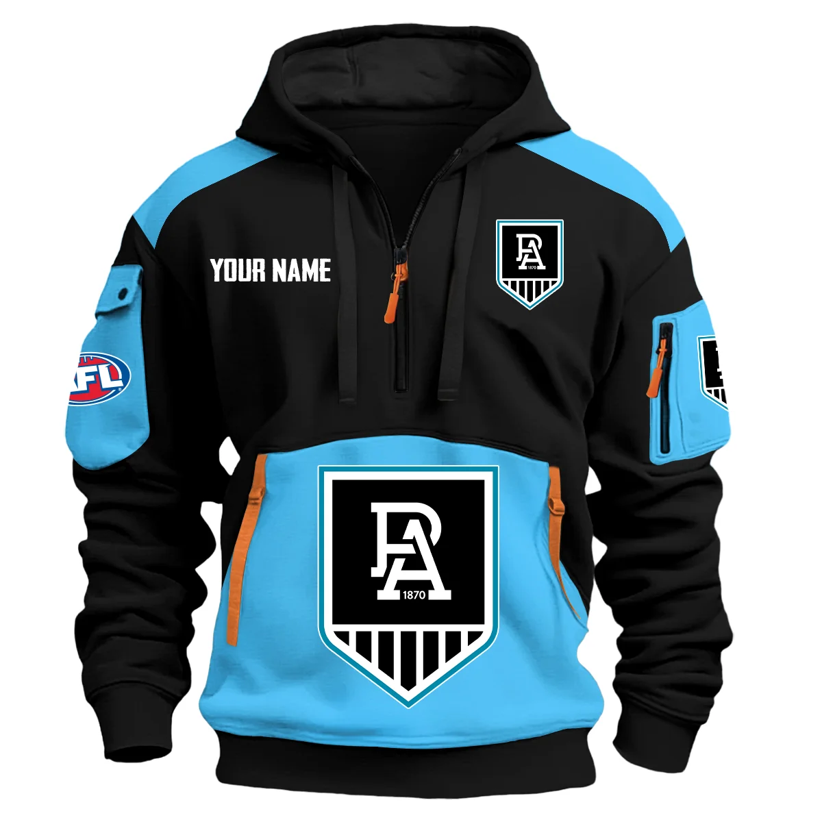 Port Adelaide Power Afl Exclusive Logo Hoodie Half Zipper Light Blue