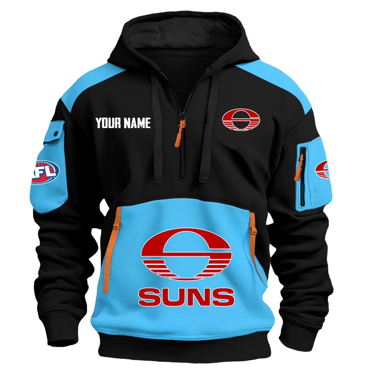 Gold Coast Suns Afl Exclusive Logo Hoodie Half Zipper Light Blue