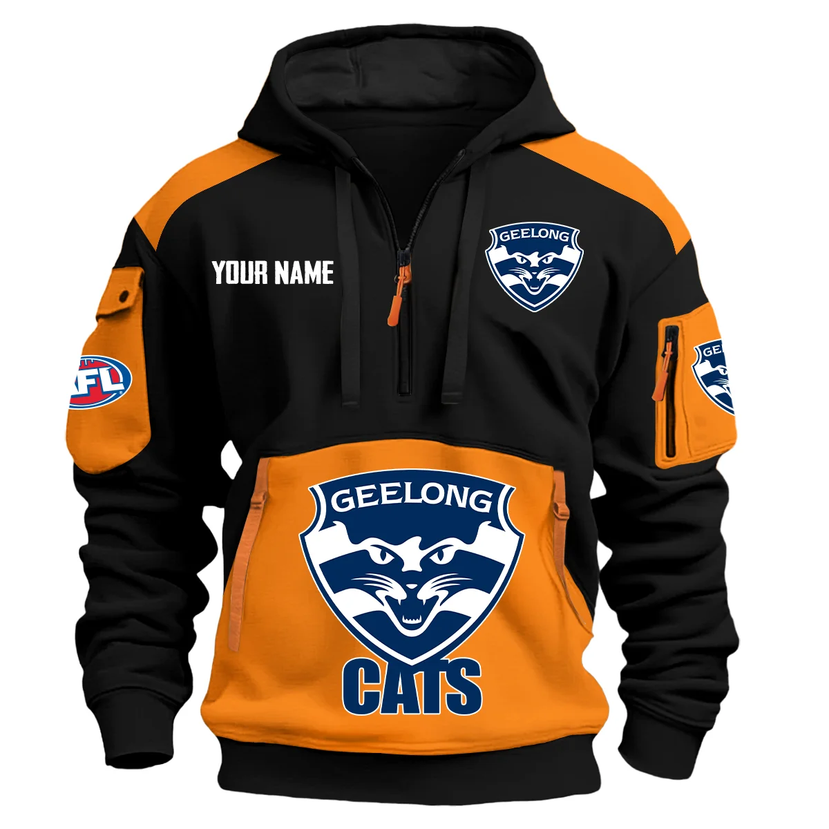 Geelong Cats Afl Exclusive Logo Hoodie Half Zipper Orange