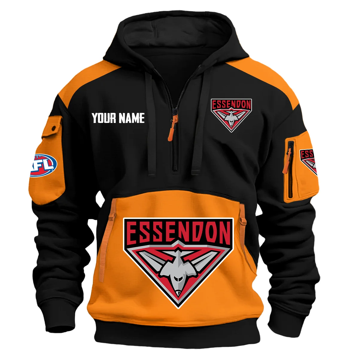 Essendon Bombers Afl Exclusive Logo Hoodie Half Zipper Orange
