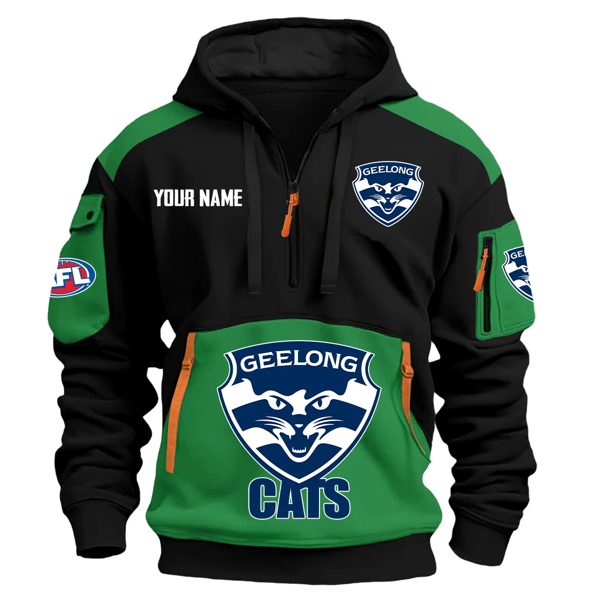 Geelong Cats Afl Exclusive Logo Hoodie Half Zipper Green