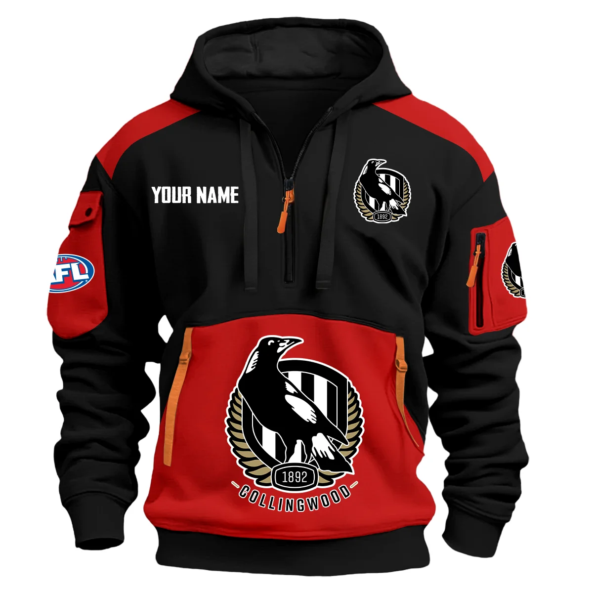 Collingwood Magpies Afl Exclusive Logo Hoodie Half Zipper Red