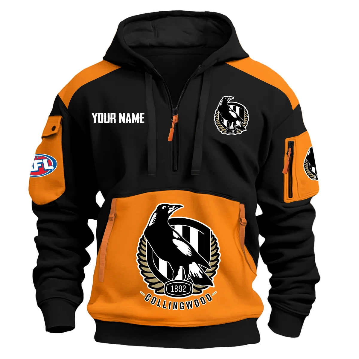 Collingwood Magpies Afl Exclusive Logo Hoodie Half Zipper Orange